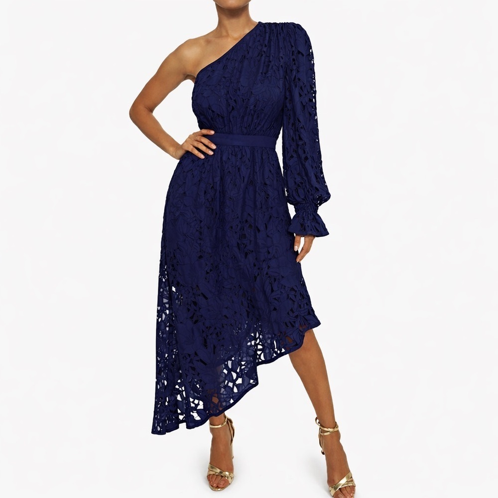 RAMY BROOK Navy Blue Jayda Asymmetrical One Shoulder Lace Dress 6 NO BELT - Picture 1 of 5